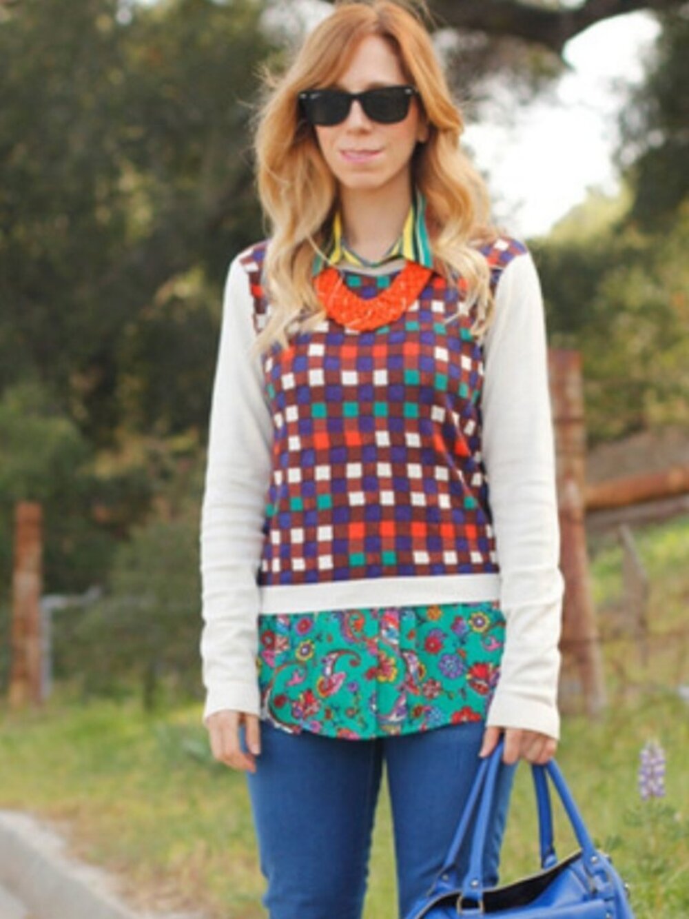 DURO OLOWU PLAID PRINT BATEAU COLOR BLOCK SWEATER Sz-S